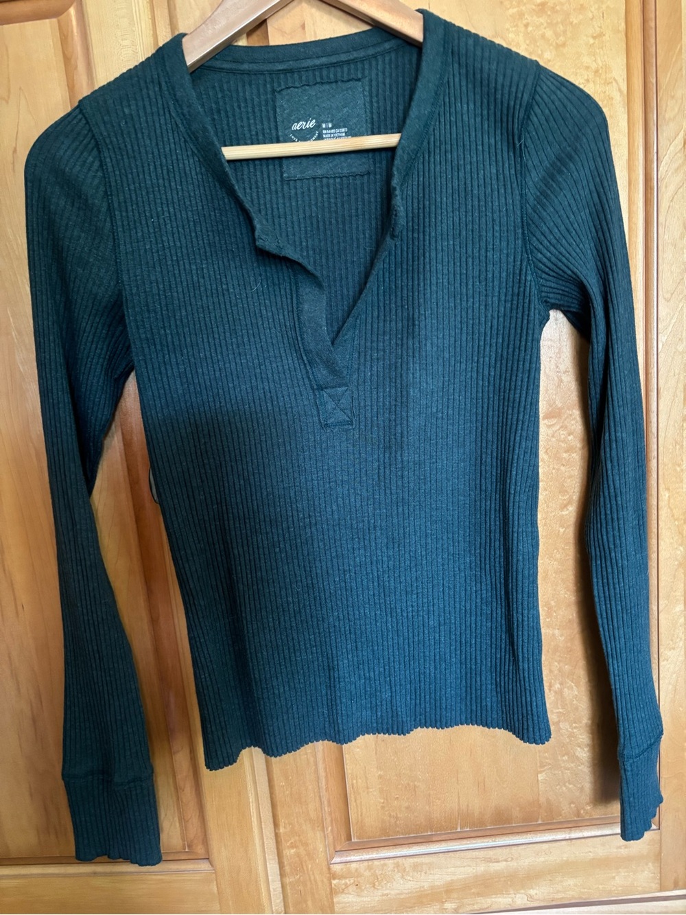 aerie Ribbed Long-Sleeve Henley Top — Dark Green/Teal